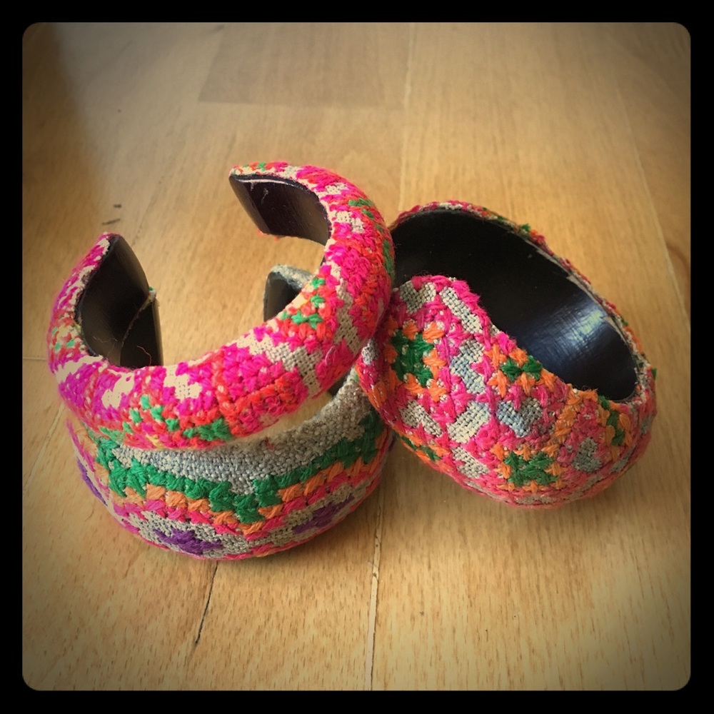 Hand Embroided Wooden Cuff Bangles - Set of 3